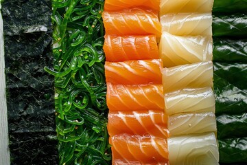 Artistic sushi and wakame arrangement Flat lay Macro food concept