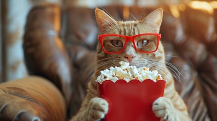 Cat wearing red glasses with popcorn in a red container, cozy home atmosphere. Cute and funny animal concept