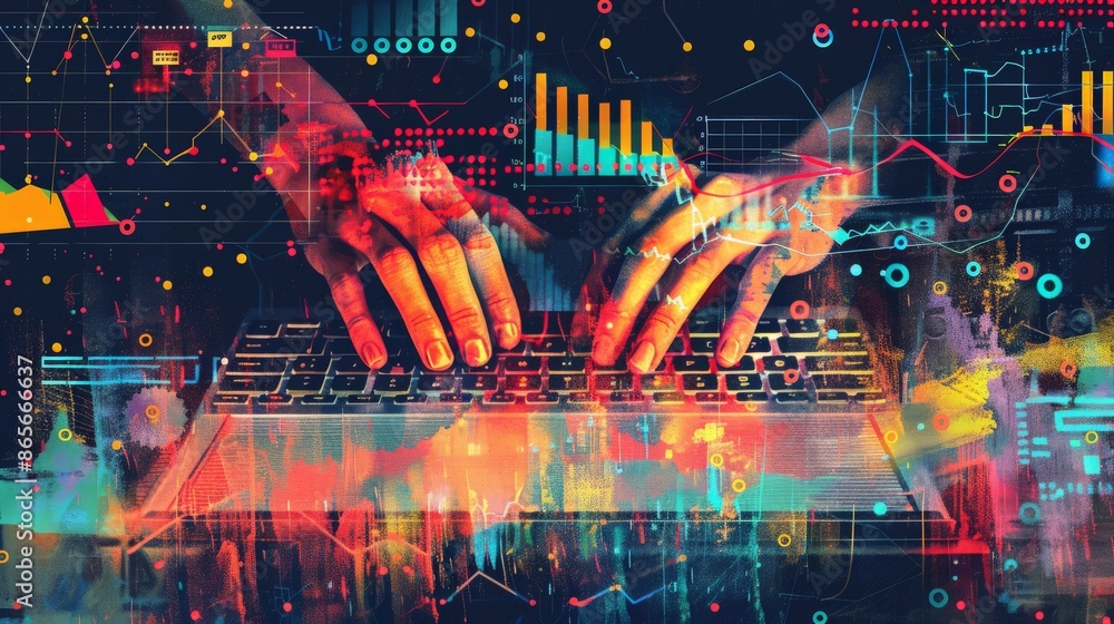 Poster Close-up of hands typing on keyboard with digital data and financial charts. Perfect for business analytics, technology, and data-driven decision-making