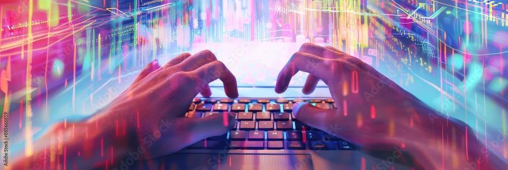 Poster Hands typing on laptop with vibrant digital overlay. Ideal for technology and business concepts. Suitable for digital marketing and data analytics themes