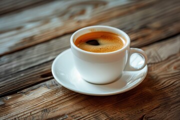 Freshly brewed coffee in a white cup on a wooden table