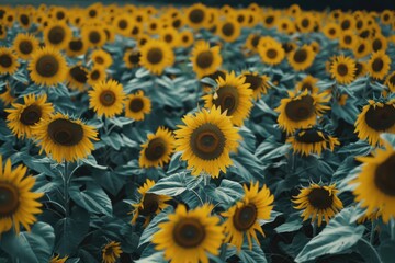 Fototapeta premium A scenic view of a vast field of sunflowers stretching towards the clear blue sky