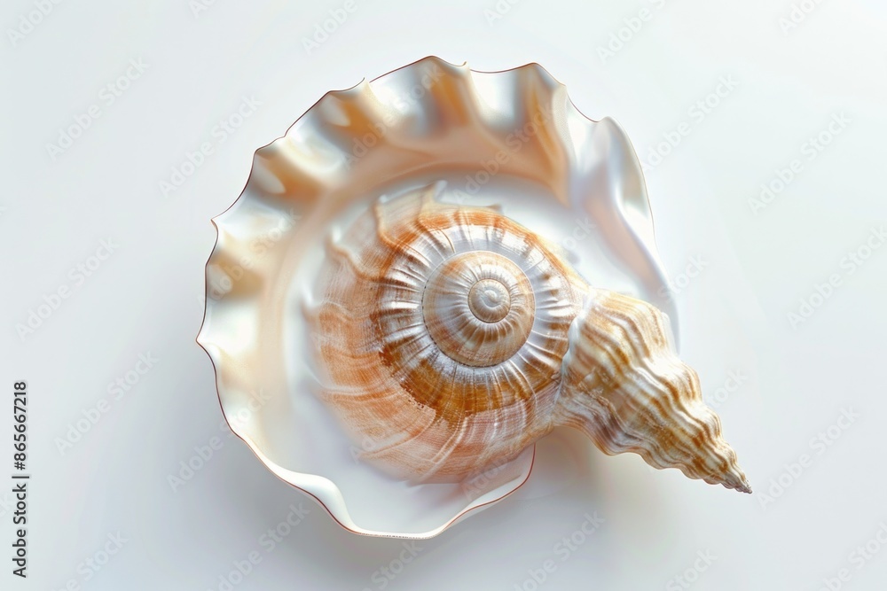 Poster a detailed view of a shell on a white background, suitable for use in designs related to beach or oc