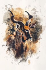 A watercolor painting of an antelope with distinctive long horns