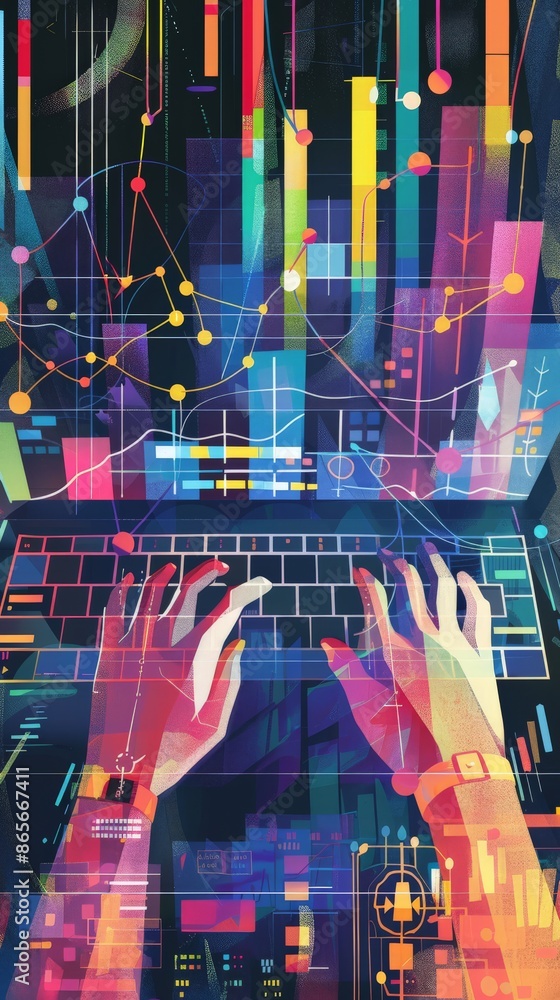 Poster Hands on laptop keyboard with colorful data visualizations and graphs. Ideal for business, technology, and financial themes. Perfect for presentations and reports