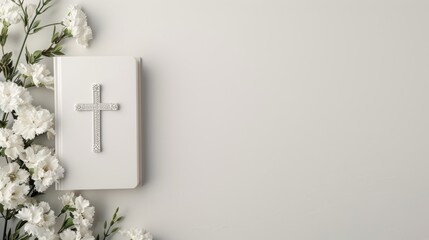 Open Holy Bible with a silver cross and fresh flowers on a light background, spacious area for text, warm and inviting ambiance, perfect for religious themes