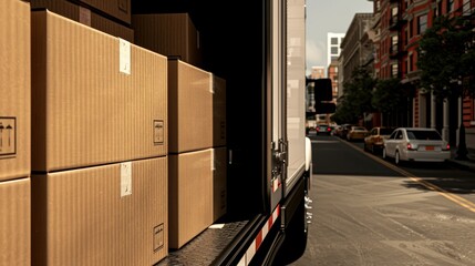 Open truck parked on a busy urban street, brimming with cardboard boxes ready for delivery, warehouse in the background, morning sunlight casting long shadows, bustling city life surrounding the scene