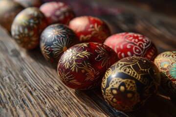 Fototapeta premium Colorful handcrafted easter eggs on wooden surface