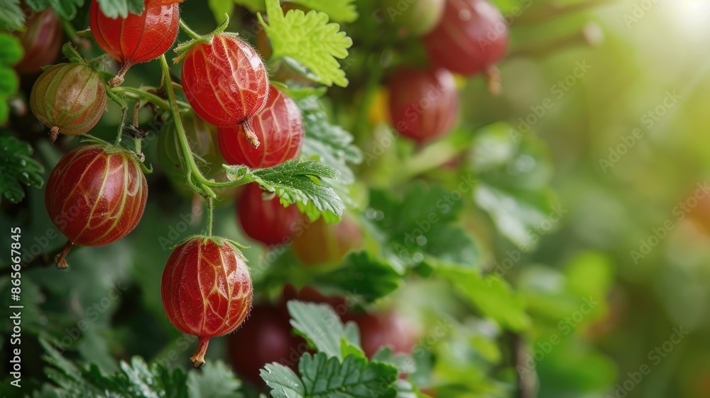 Wall mural close up of ripe organic gooseberry on bush ready to harvest