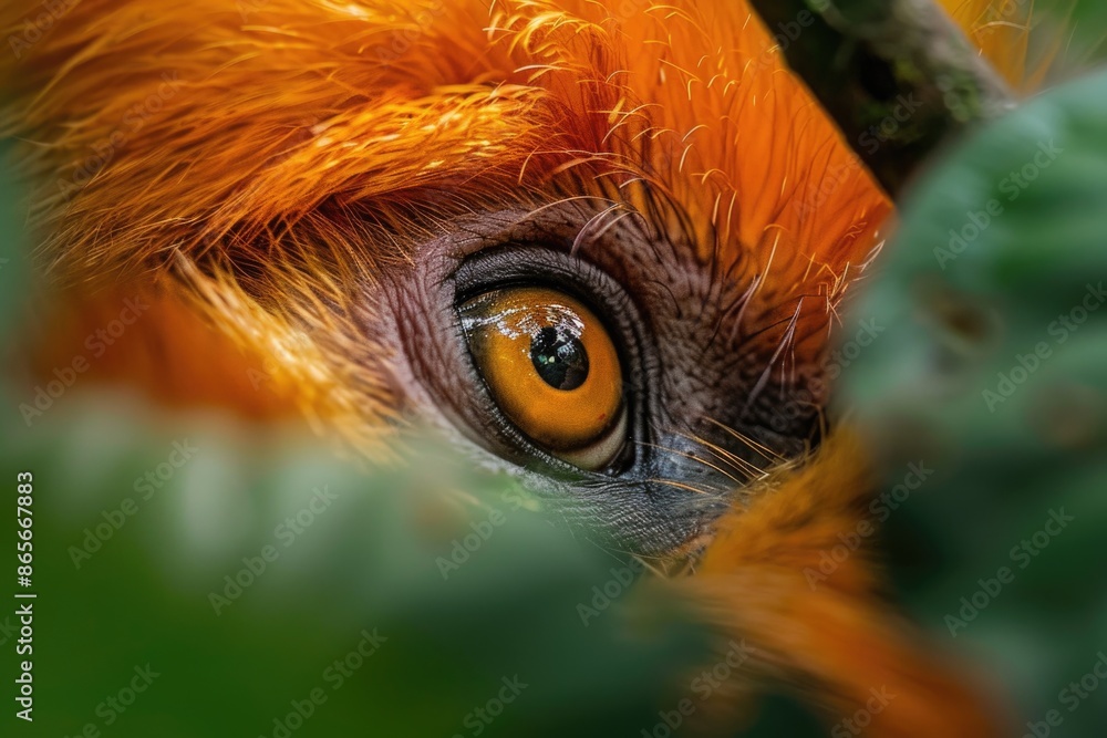 Poster close-up view of a monkey's eye looking directly at the camera, with a tree branch in the background