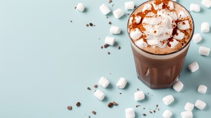 Refreshing chocolate iced coffee with fluffy whipped cream and marshmallows, ample copy space, gourmet treat