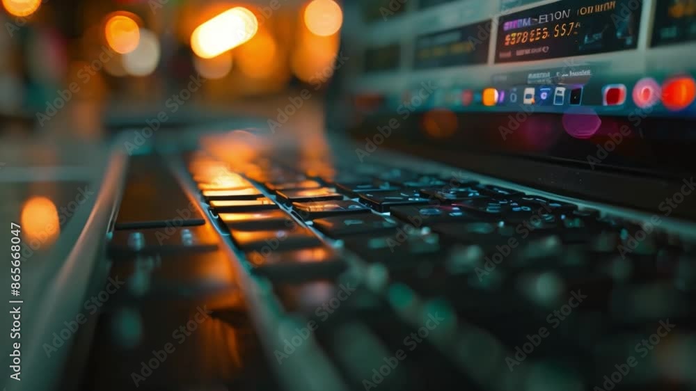 Poster This Close up view of a laptop keyboard with blurred city lights in the background.