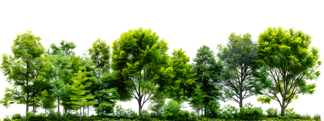 Cutout tree line. Forest and green foliage in summer. Row of trees and shrubs isolated on transparent background. Forest scape. High quality clipping mask