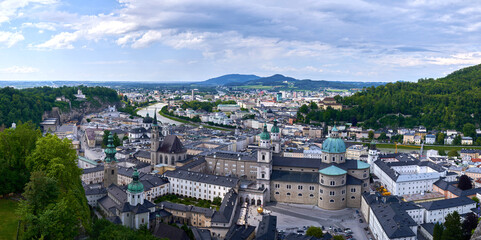 Beautiful of Aerial panoramic view in a Summer season at a historic city of Salzburg with Salzach river.