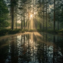 Obraz premium Enchanting forest landscape with sun rays and reflection