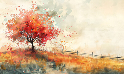 Watercolor Painting of Delicate Meadow Grasses and Flowers in Soft Hues of Blue, Red, and Orange