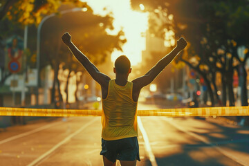 Runner Crossing Finish Line in Victory at Sunrise Marathon