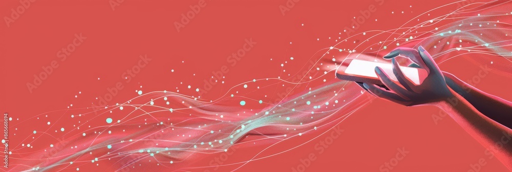 Aufkleber hand holding smartphone with dynamic digital connections on a red background. ideal for technology, 