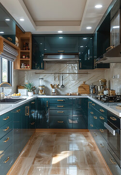 a modern modular kitchen with two tones of beige and forest green