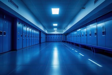 empty locker room low angle view of sports equipment in blue space anticipation and preparation