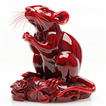 Red jade craved with chinese zodiac Rat: Alert pose, slightly crouched, with a curious expression. Hands near chest as if examining something. Believed to bring Clever, quick-witted.