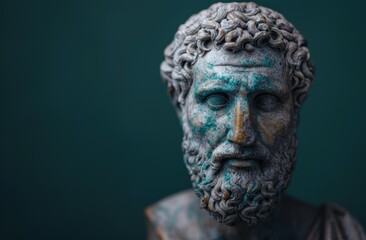 Weathered ancient bronze statue of a bearded man