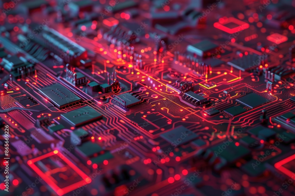 Poster a close-up view of a circuit board featuring red lights, suitable for use in technology-related cont