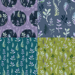 vector, dark colors set of four pattern of colorful watercolor leaves. Gender neutral. Scandinavian style. Suitable for kids.