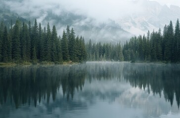 Obraz premium Serene mountain lake surrounded by misty pine forest
