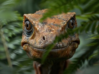 Fototapeta premium Close-up of a curious lizard peeking through foliage
