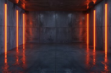 Obraz premium Futuristic concrete room with glowing orange lights