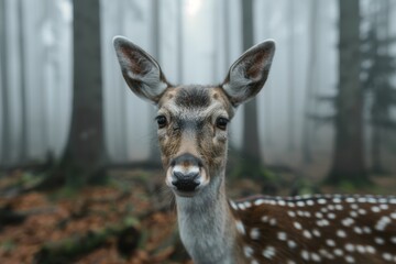 Fototapeta premium Curious deer in misty forest