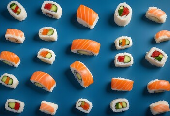 Variety of delicious sushi and sashimi pieces on warm pastel blue background