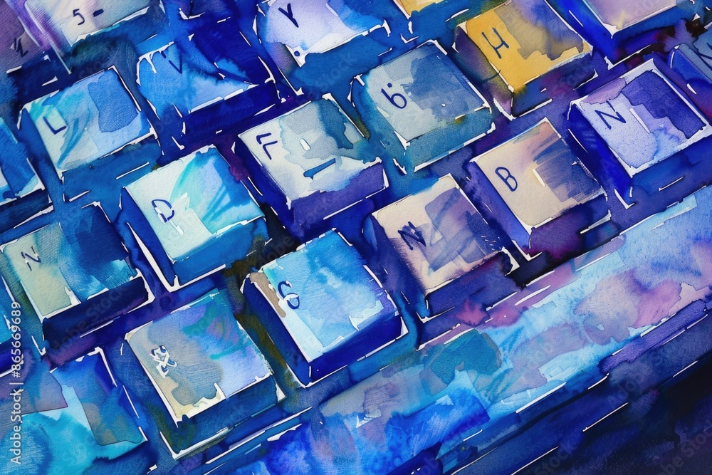 Poster a detailed shot of a computer keyboard with blue keys, suitable for use in technology or office sett