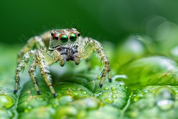 Fototapeta premium Green leaf jumper spider close-up