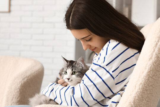 Young woman with adorable longhaired cat on sofa in living room