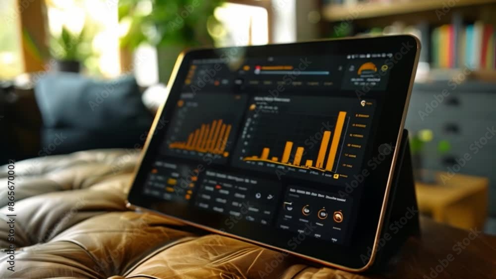 Poster This tablet displaying financial data charts and graphs on a brown couch.