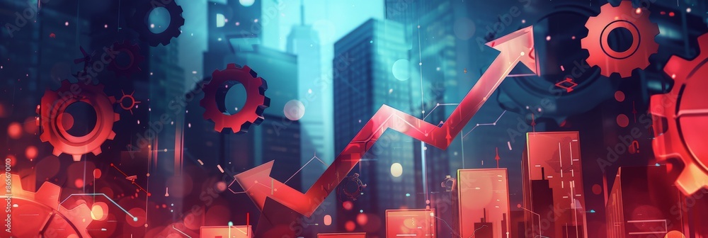 Poster red upward arrow with gears and cityscape background in futuristic design. concept of business growt