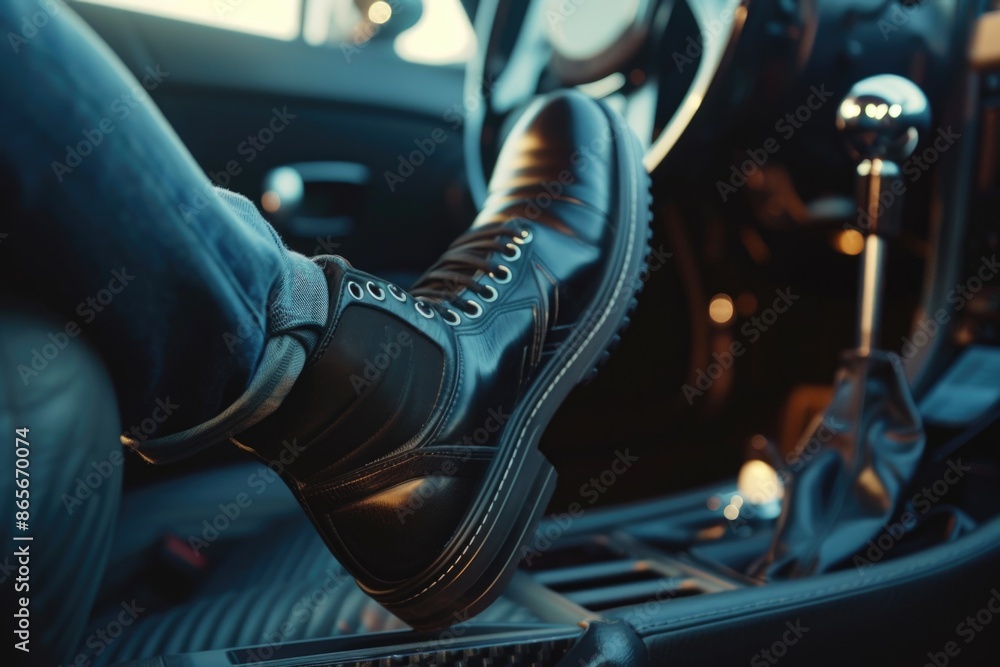 Poster close-up of a person's foot resting on the dashboard of a car, with a subtle reflection from the win