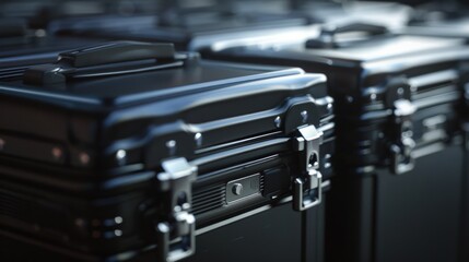 A collection of black suitcases stacked on a table, ready for travel or storage