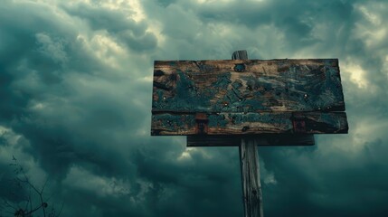 Spooky Halloween concept weathered wooden sign with eerie sky in background