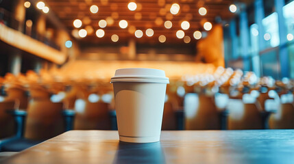Mock up coffee cup. White paper cup on table in an empty university auditorium. Blurred background with seats, sense of anticipation for the upcoming event. Copy space