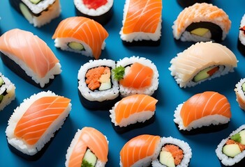 Variety of delicious sushi and sashimi pieces on warm pastel blue background
