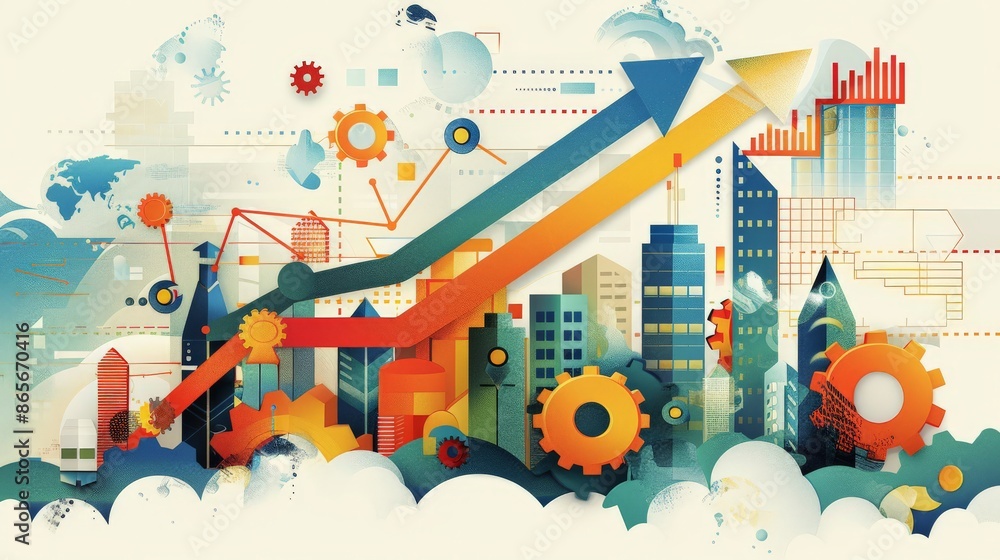 Poster abstract cityscape with upward arrows and gears representing business growth and global financial tr