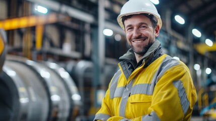Smiling professional heavy industry worker/engineer wearing a hard hat and safety uniform. Large Industrial Factory with Unfocused Background
