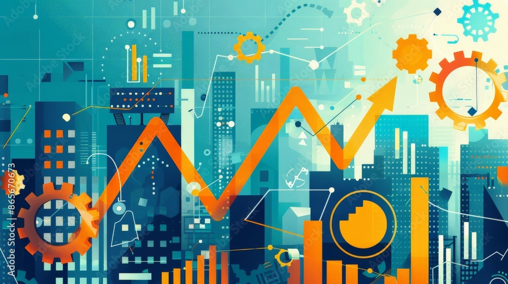 Poster abstract financial chart with upward arrow and cityscape background representing business growth and