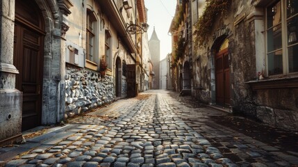 A traditional cobblestone street scene with a clock tower visible in the distance, suitable for use in historical or vintage-themed contexts