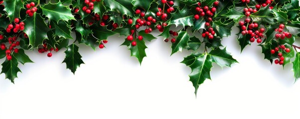 Christmas holly leaves and berries on white background, festive decoration concept