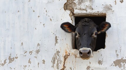 Amazing picture of a cow in Transylvania staring through a hole in the wall.