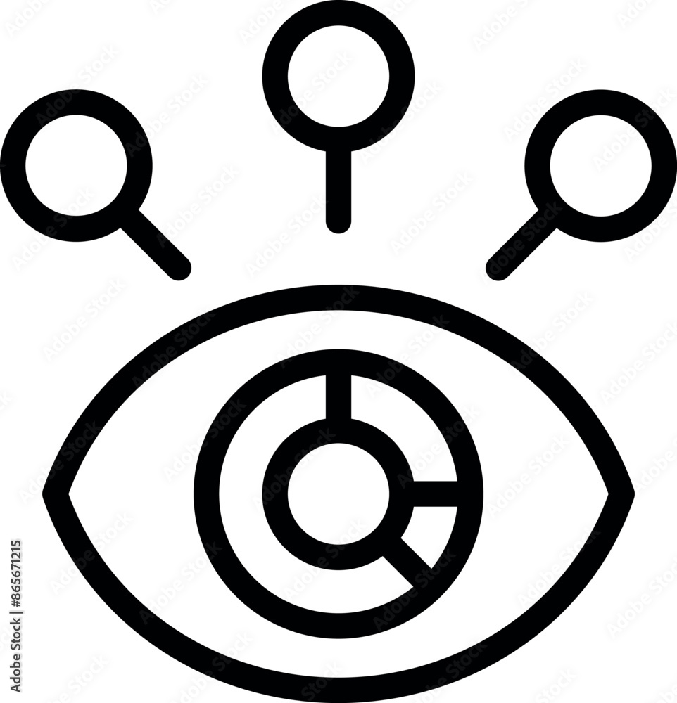 Poster eye is analyzing market data represented by a pie chart, utilizing magnifying glasses for in depth b